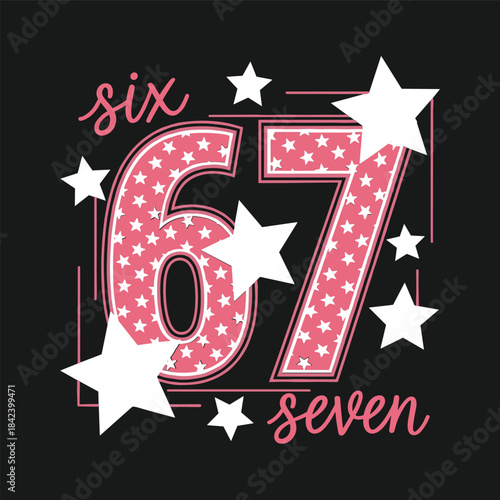 Pink leopard and checkerboard 67 Six Seven birthday design with bold animal print number 6, checkered pattern number 7, bow, stars and checkered border