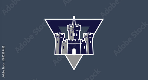 A castle illustration enclosed by triangles. Dark blue, white, and gray tones used