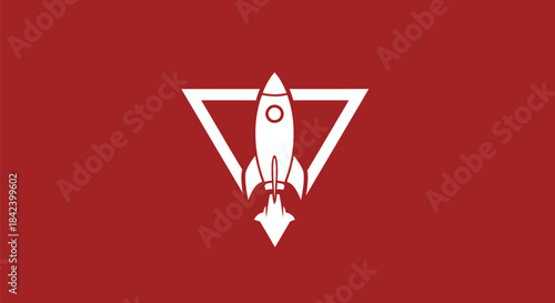 A white rocket erupts from a triangle, set against a red background