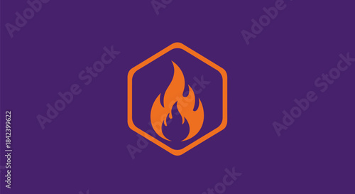 An orange flame icon within a hexagonal frame on a purple background