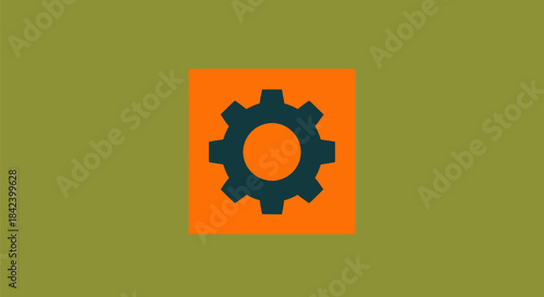 A dark gear icon with a light oval center is set within an orange box on green