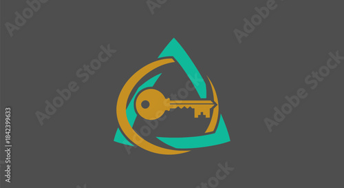 A key graphic within overlapping shapes a triangle and a circle segment, all on a grey bg