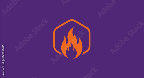 A flame logo inside an outlined hexagon, centered on a deep purple background