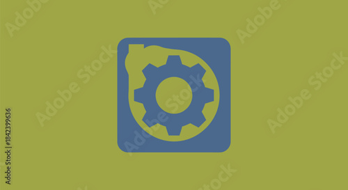 A blue gear inside a rounded square, partially obscured by a curved shape, on olive background