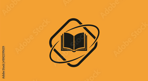 A black, open book icon, within a geometric frame and looping arcs, on an orange background