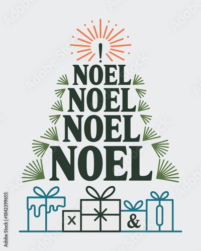 A festive typographic christmas tree design created from the word noel with gift boxes below
