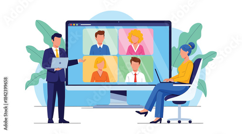 Virtual Meeting and Online Collaboration in Modern Workspace — Professionals Engaged in Video Conference with Laptops and Monitor Displaying Diverse Participants, Set Against Abstract Background with 