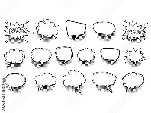 This hand-drawn comic speech bubble set features a collection of retro manga-style text balloons with bold outlines, halftone shading, and expressive shapes. The set includes various bubble styles 