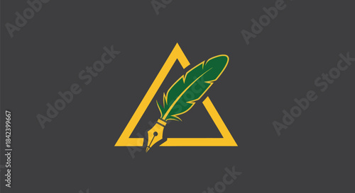A green feathered quill pen inside a gold triangle on a dark gray background