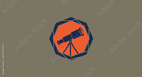 A navy telescope on a stand is within an orange octagon, framed by a blue polygon, on a gray backdrop