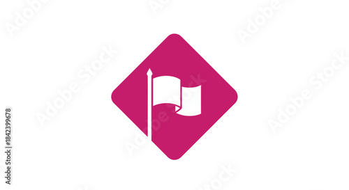 A white flag on a pole inside a rounded pink diamond. White background. Simple, modern design