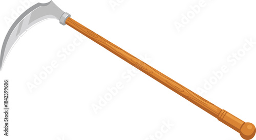 Traditional scythe with curved silver blade, wooden handle, metal collar, agricultural tool, harvesting equipment, folklore symbol, vector illustration