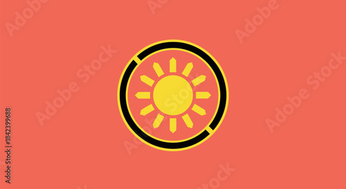 A stylized sun symbol within a broken black ring, set against a salmon-colored background