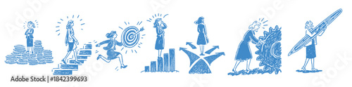 Business woman doodle illustrations showing leadership, success and career growth