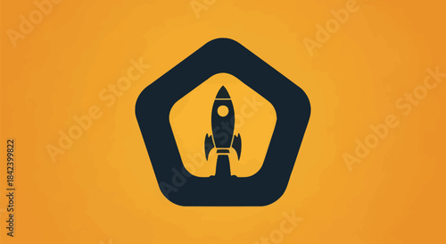 A rocket ship graphic inside a dark blue polygon on an orange gradient background