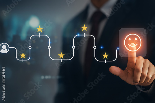 A businessman in a suit touching a glowing smiley face icon representing customer satisfaction and excellent service experience journey with star rating checkpoints on a dark blue digital background
