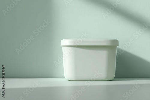 Minimalist white container on a light green background, emphasizing simplicity and tranquility. Snack container mockup