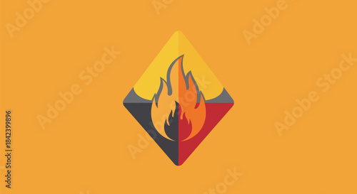 A stylized flame symbol, inside a diamond shape, against a warm orange background