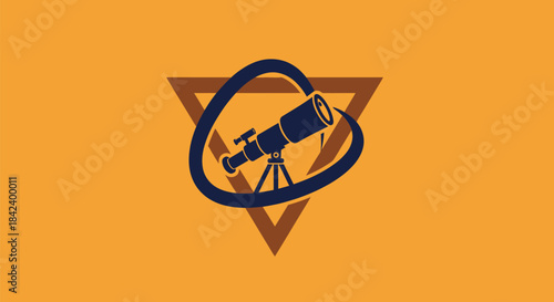 A stylized logo with a telescope inside a triangle and curve on an orange background