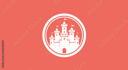 A white castle icon encircled on a coral background. Flags atop towers within a white outline
