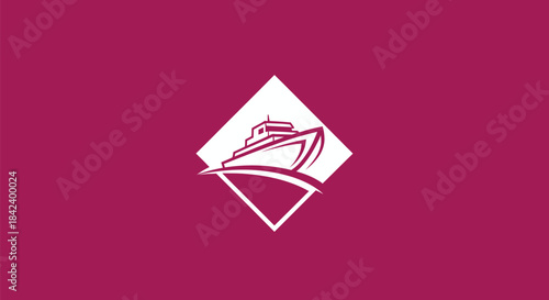 A white boat illustration within a diamond on a burgundy background