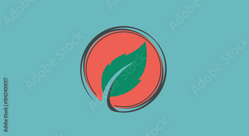 A green leaf is centered inside a red circle, framed by a charcoal sketch on a blue background