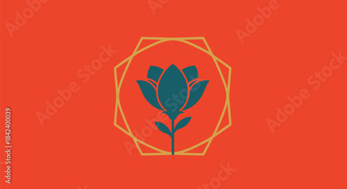Teal stylized flower within a gold octagon on a vivid orange background