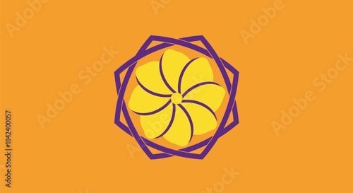 Geometric design featuring a stylized yellow flower within a purple star-like shape, on orange