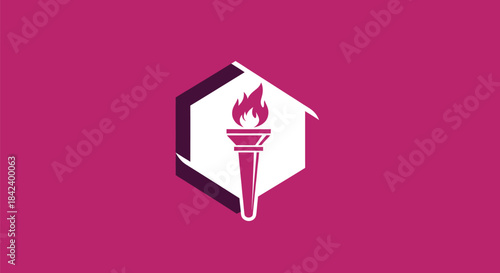 A white torch with flames is set within a hexagonal shape against a magenta background