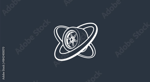 A white outlined car wheel and tire graphic surrounded by looping orbital-like lines on a dark blue