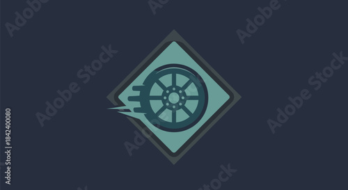 Geometric logo features a blue-green wheel inside a diamond with motion trails. Dark blue background