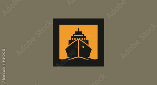 A black ship silhouette, framed in black and orange, over waves on a muted brown background