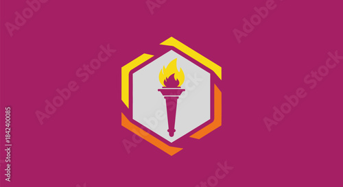 A stylized torch within a hexagon over a magenta background. The flame is yellow