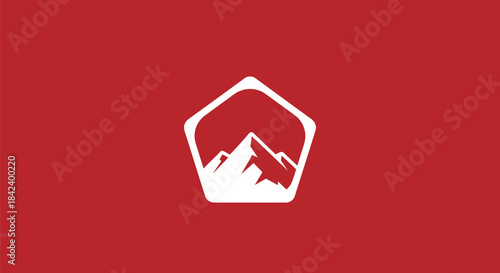White mountain peaks within a pentagon shape, centered on a red background