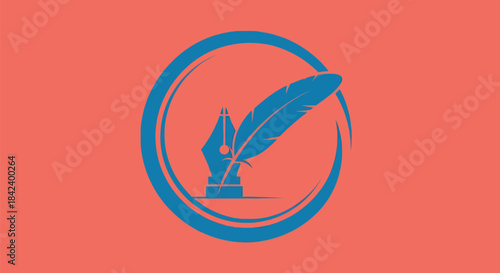 A teal pen and feather design inside a circle on a coral background