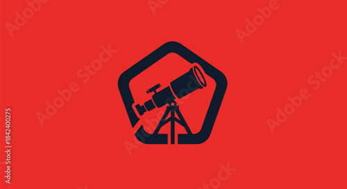 A telescope silhouette within a pentagon frame, set against a red background