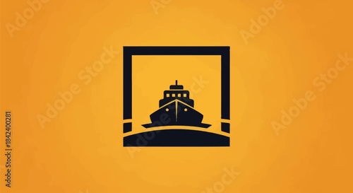 A black ship illustration within a black frame, on a gold background