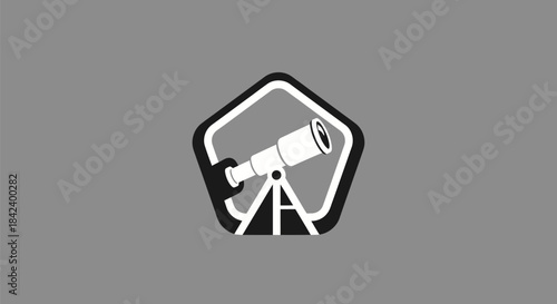 A white telescope on a tripod sits within a black-bordered pentagon, on a gray backdrop