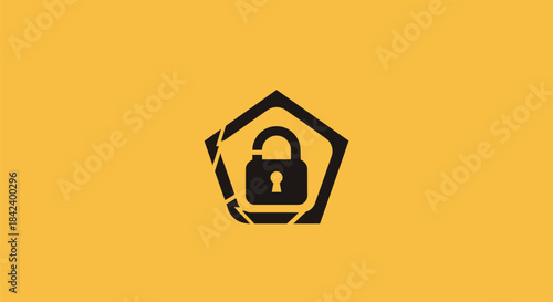 A black open padlock within a pentagon shape against a yellow background