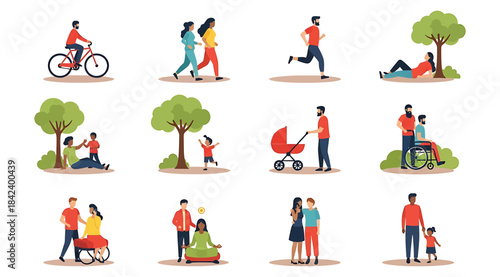 Inclusive Outdoor Activities in Park Setting — Twelve Illustrated Scenes Featuring Diverse Individuals Engaged in Biking, Walking, Reading, Jogging, and Relaxing in Nature with Trees and Grass