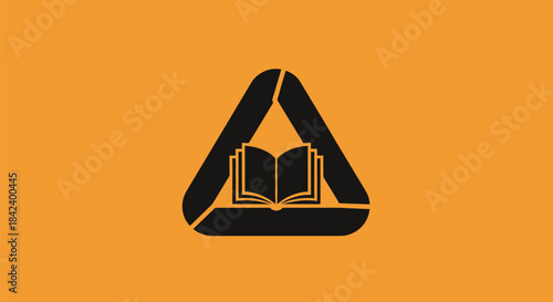 A black, open book within a black triangle on an orange background