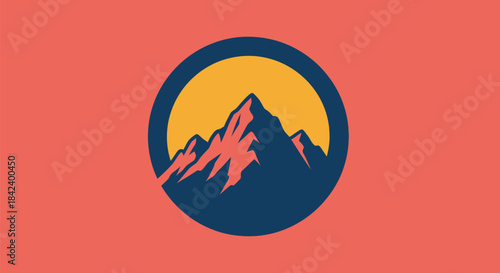 Geometric illustration featuring a stylized mountain range inside a circle against a coral background