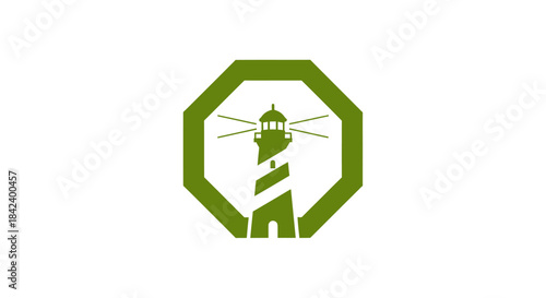 Green lighthouse within an octagon frame on white background
