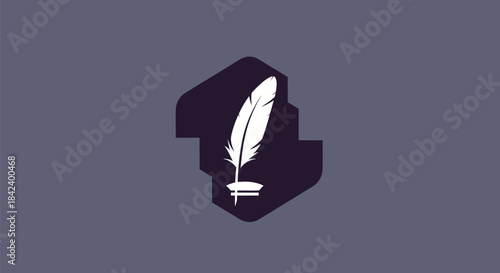 A white quill pen inside a stylized dark purple geometric shape on a purple-gray background