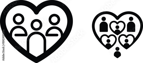 Family heart icons, love and community symbols, people together, unity illustration, supportive group design, relationship care concept graphics