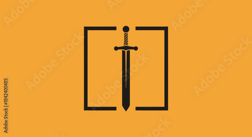 A black sword inside a black frame, centered on a light orange background