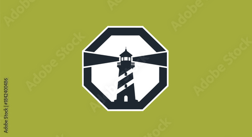 A lighthouse silhouette within an octagon, centered on a muted green background