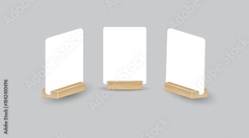 Card table menu holder stand mockup. Paper flyer mock up template. Event promotion wooden frame. Restaurant label. Vector