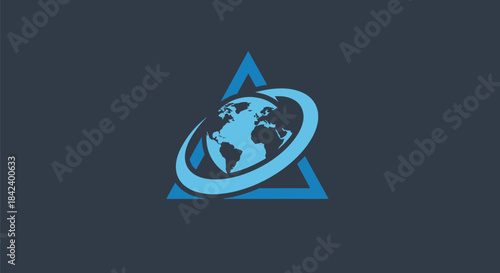 A blue-toned globe within a triangle and an orbiting ring, all against a dark background