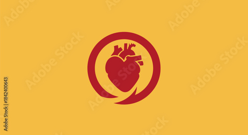 A red stylized heart graphic within a red circle on an amber background